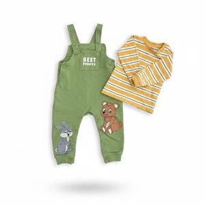Charming Green Overalls with Animal Friends and Undershirt